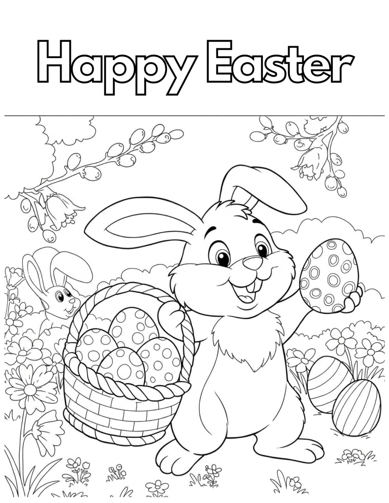 Free Easter coloring page digital download PDF for printing. Holiday coloring book.