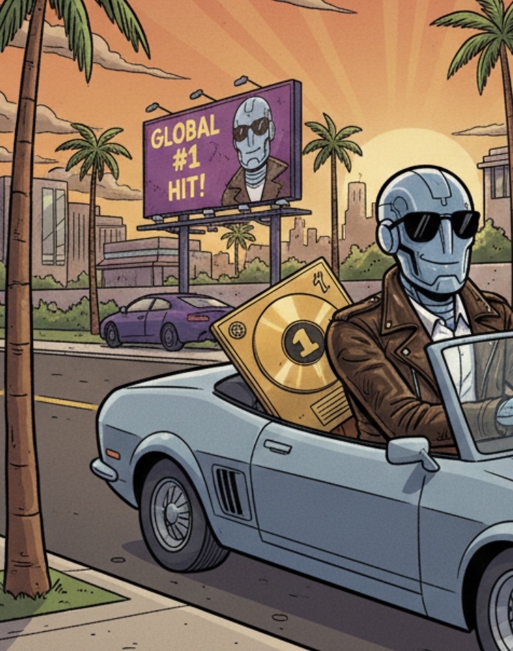 ai musician robot wins music award after going to number on on the music charts. Moves to LA, buys mansion.