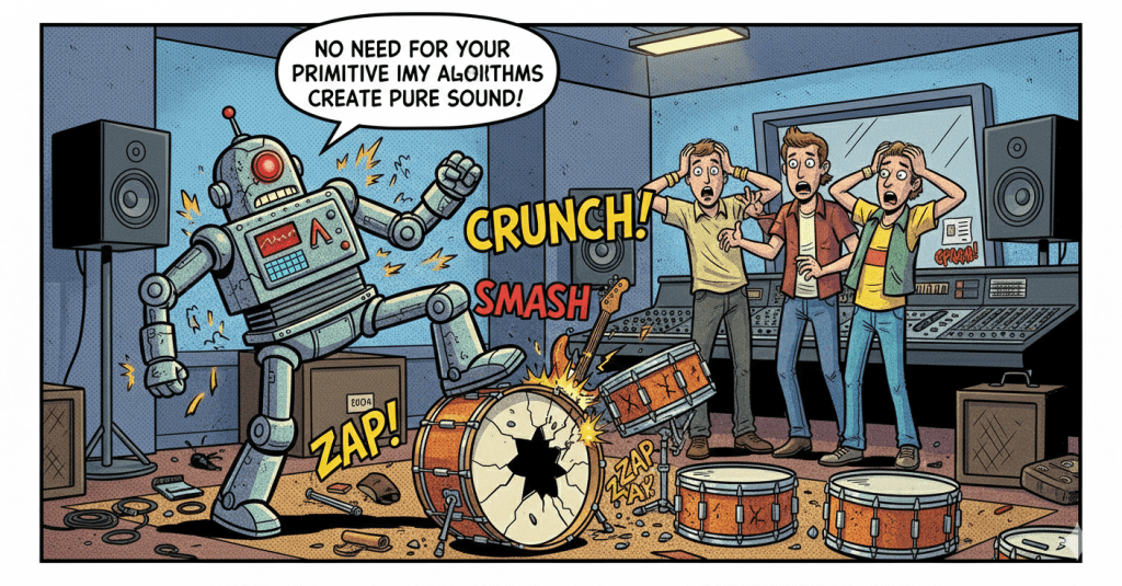 ai droid shorts out and smashes bands drum set and guitar in recording studio