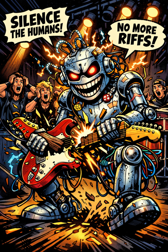 ai robot breaks guitar in front of human guitarists band members to prevent them from making human music