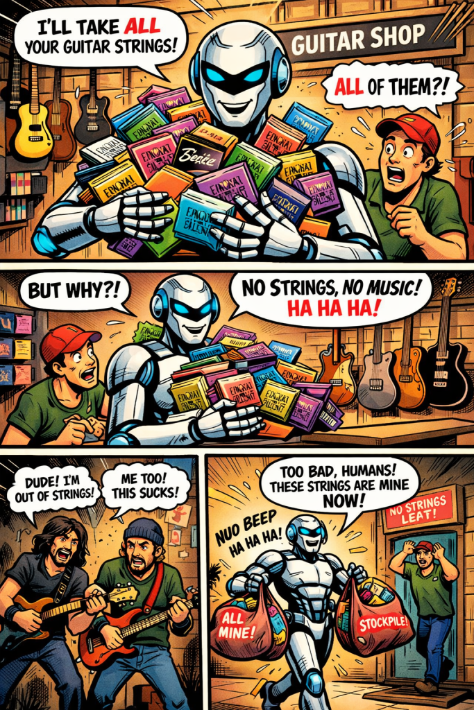 ai robot buys every pack of guitar strings in music store as part of a larger plan to make sure humans cannot make music in the future