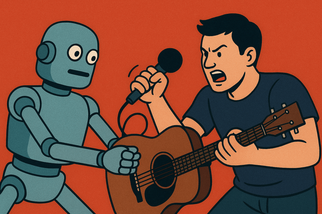 ai robot musician take guitar from recording artist and breaks it in half.