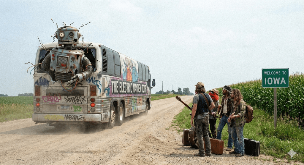 ai robot goes bonkers and steals bands tour bus leaving the band stranded on the side of the road in Iowa