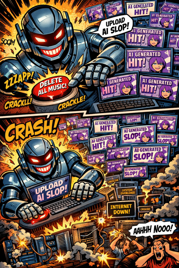 AI robot goes nuts and take over all streaming services uploading only ai slop. Fans watch in disbelief.