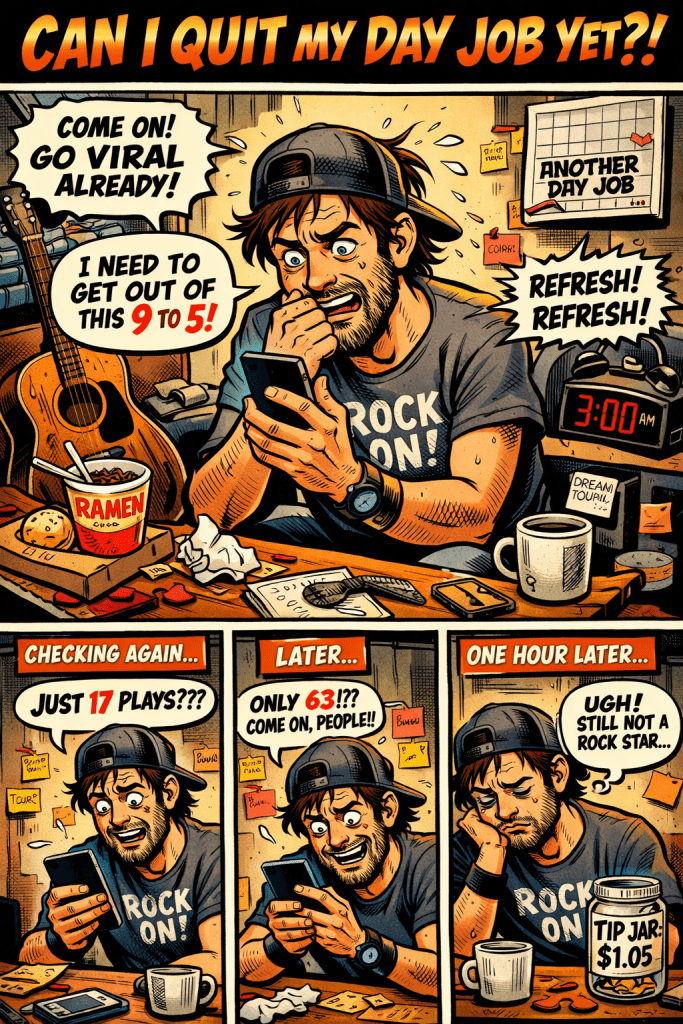 independent musician checks spotify for artist stream stats to see if he is rich enough to quit his day job