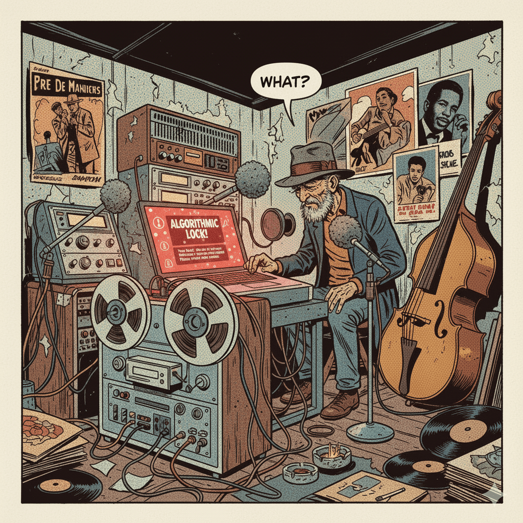 Home recording artist computer locked by evil AI in an attempt to prevent human made music. Man left puzzled and sad.