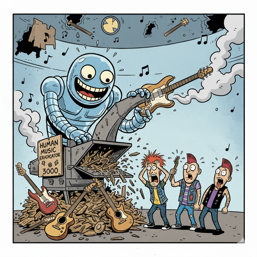 AI robot goes bananas and feeds guitars into wood chipper as guitarists watch in disbelief