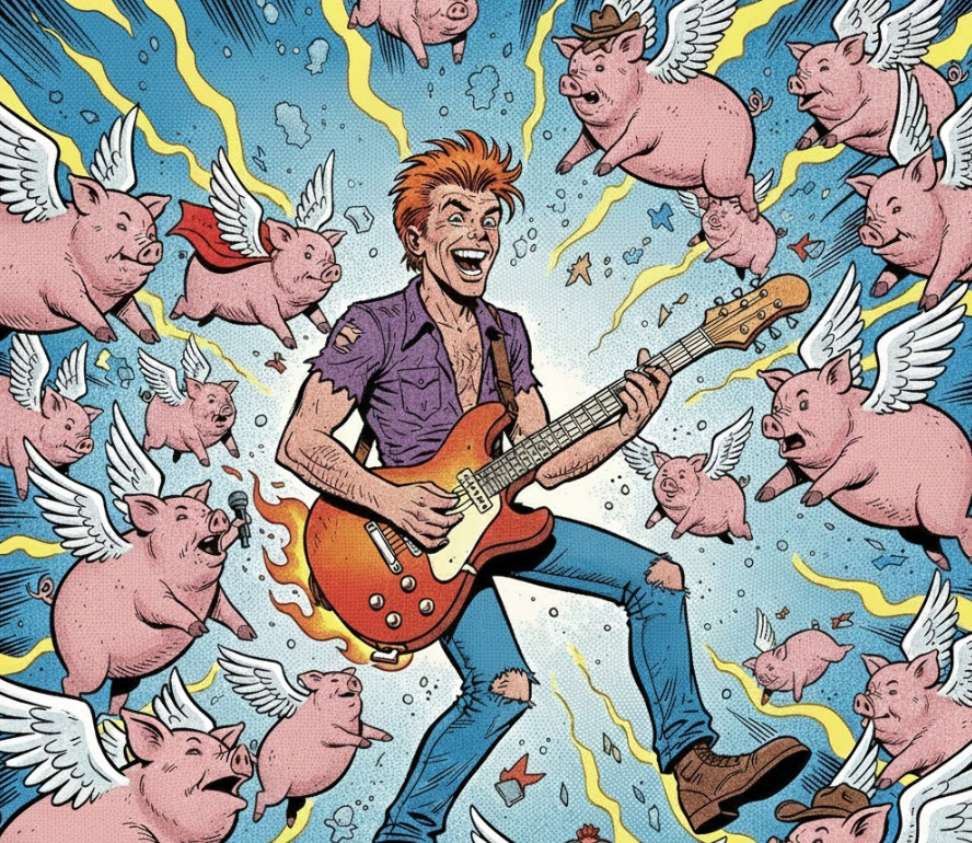 Musician plays guitar with flying pigs all around him as his music gets added to an editorial playlist and getting millions of streams