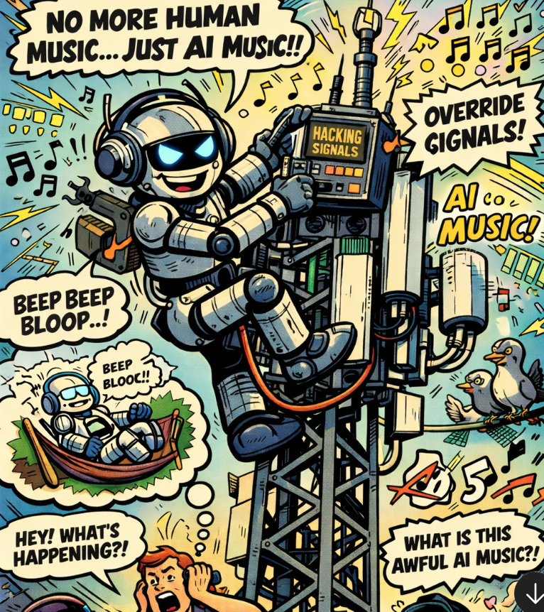 AI software update causes robot droid to go bonkers and climb a cell phone tower in attempt to silence all human made music.