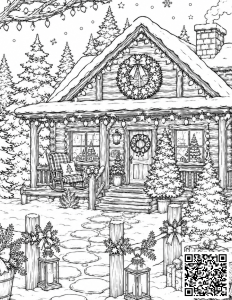 Cozy cabin Christmas coloring page for adults