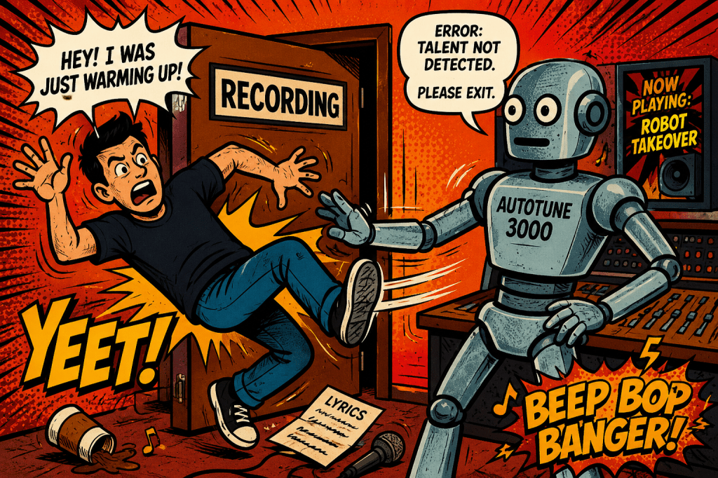 AI taking over the music business. Robot demands guitar player leaves studio due to lack to talent.