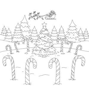 Santa flying over the town on Christmas Eve coloring page free download and print