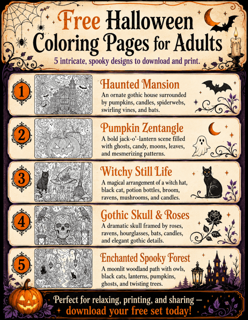 Free Halloween adult coloring pages with QR code scan to spooky Spotify playlist