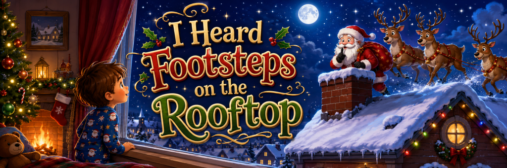 Santa with his reindeer on the rooftop on Christmas Eve delivering toys