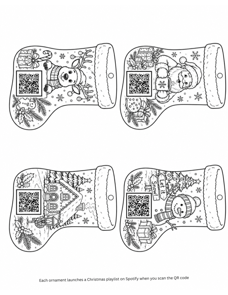 Christmas stocking ornament with Santa, reindeer, and snowman that you can color