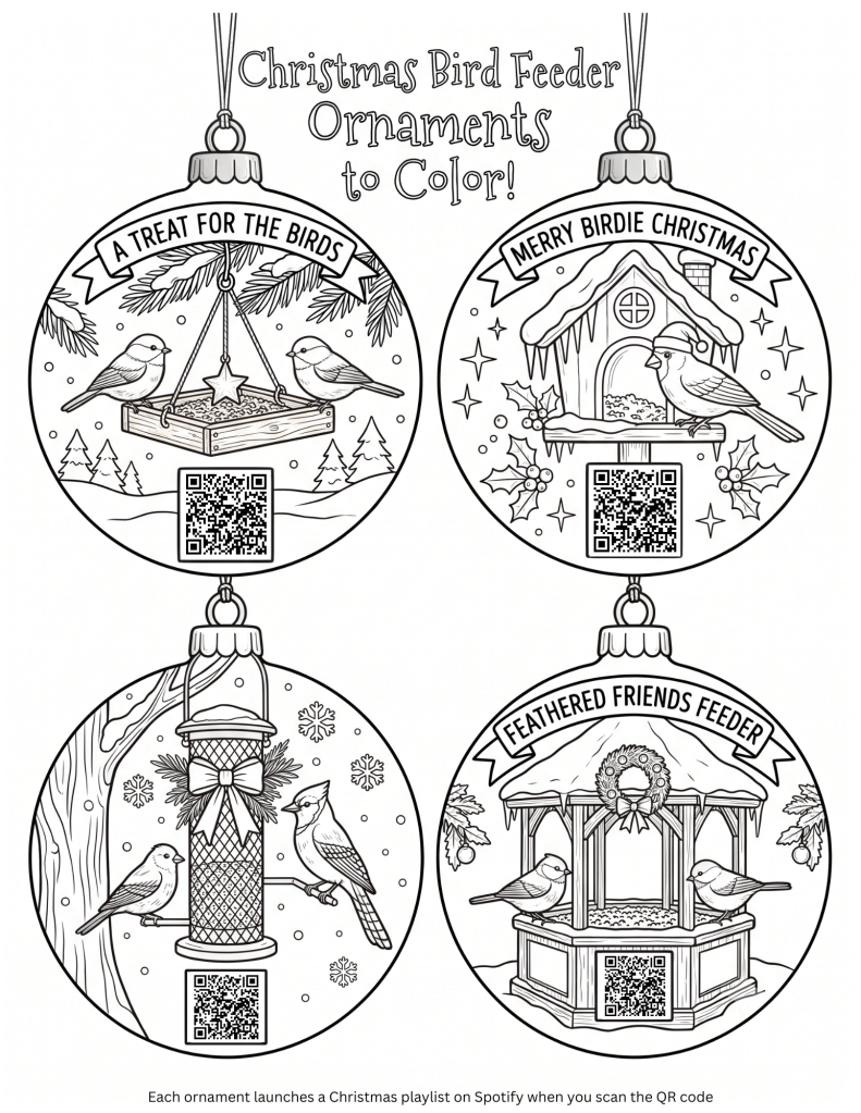 Christmas bird feeders DIY ornaments, and coloring page free download