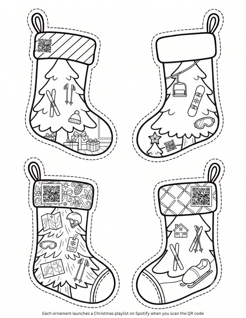 Color your own Christmas stocking coloring page, ski, and snow sports theme