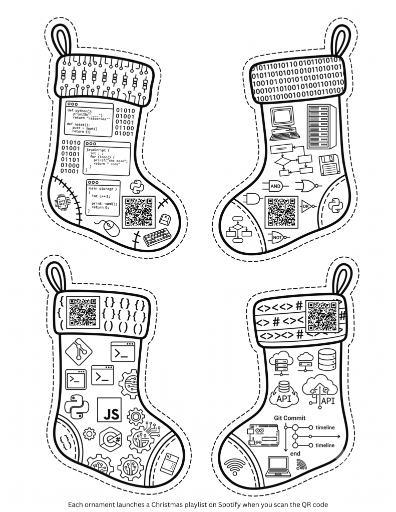 Computer scientist theme coding Christmas stockings coloring page