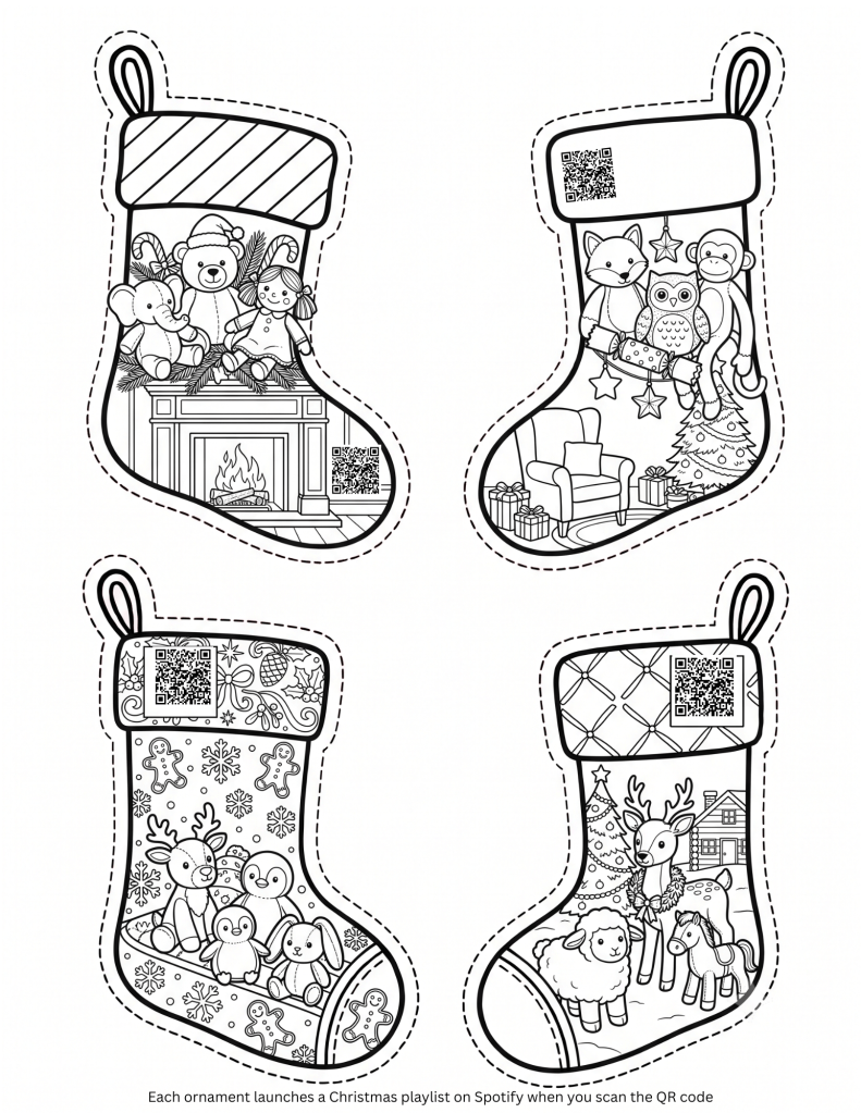 Cute animals Christmas stocking coloring pages free download