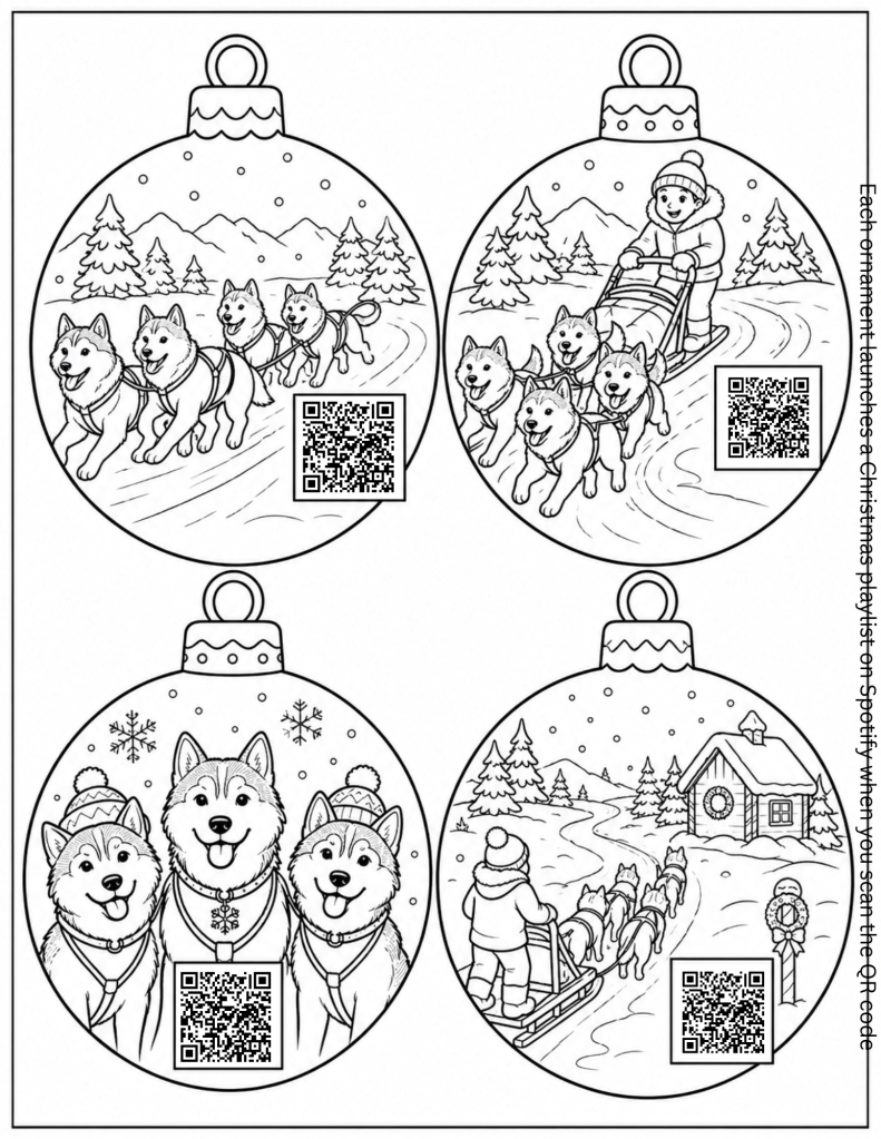 Dog sledding theme Christmas coloring sheets