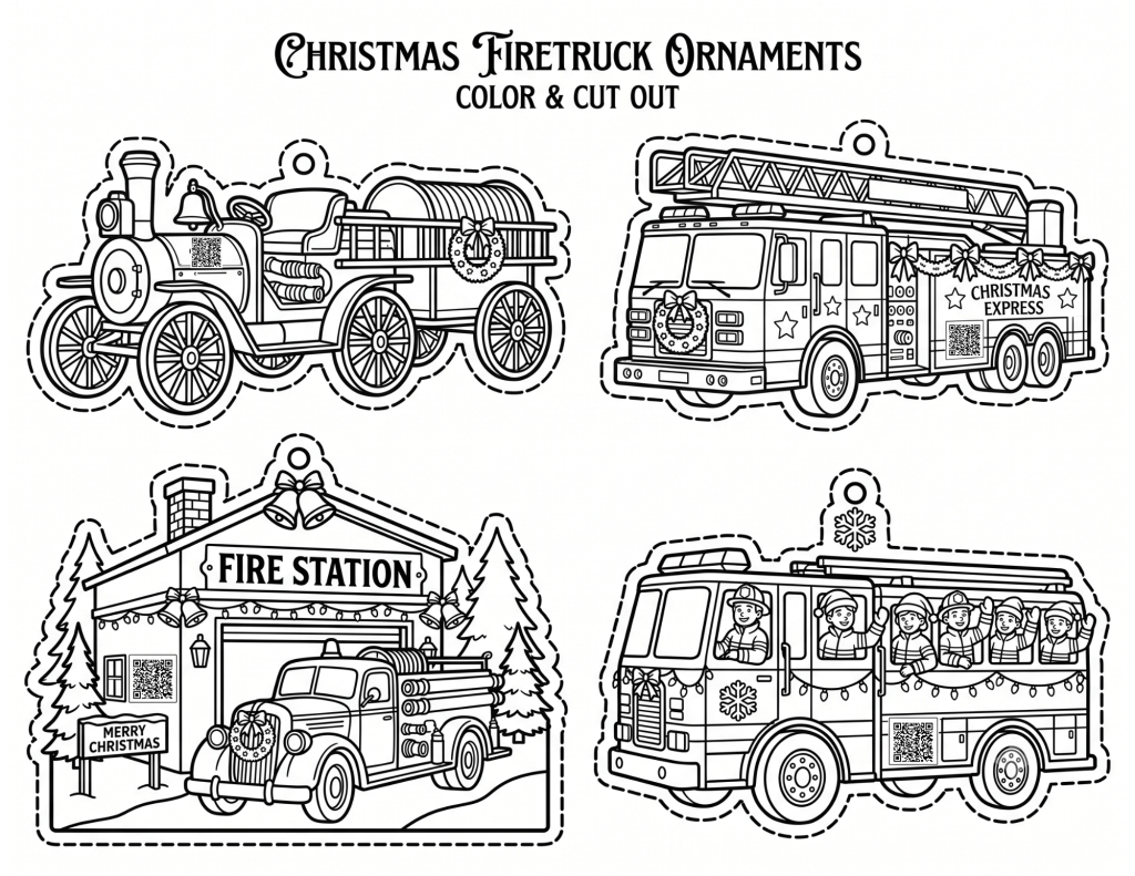 Firetruck theme Christmas ornaments coloring sheet DIY Christmas ornaments