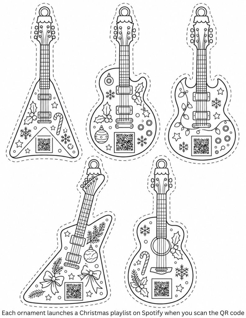 Guitars Christmas coloring craft holiday ornament activity free download