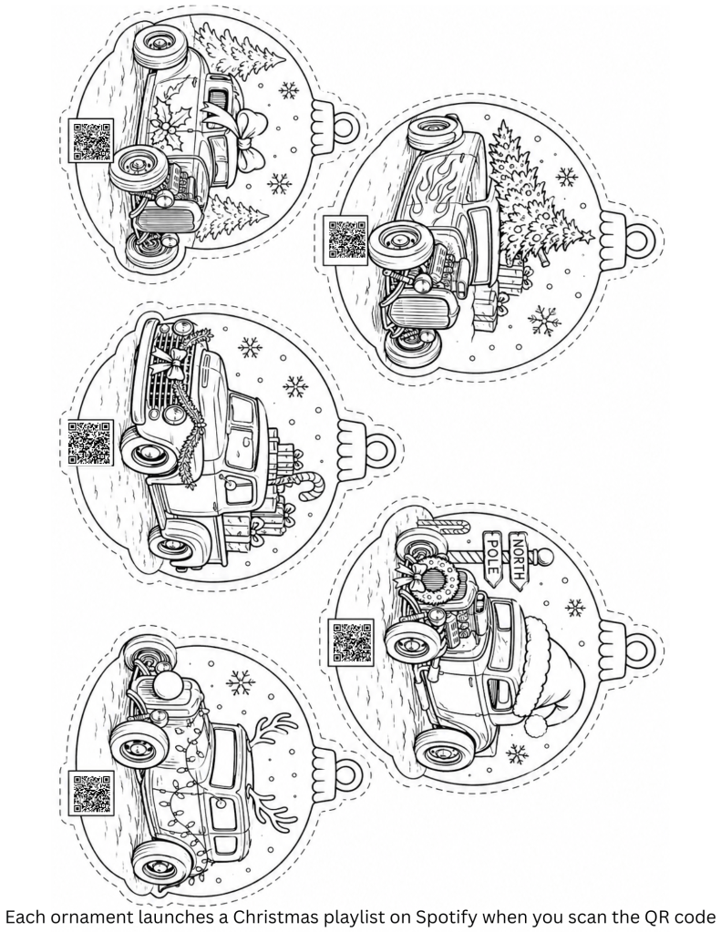 Hot rod cars coloring page sheet make your own Christmas gift ornament