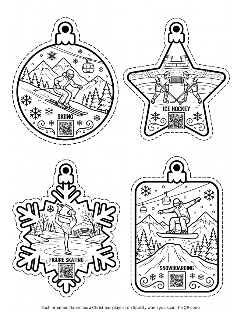 Ice hockey, and winter sports Christmas tree coloring page ornaments