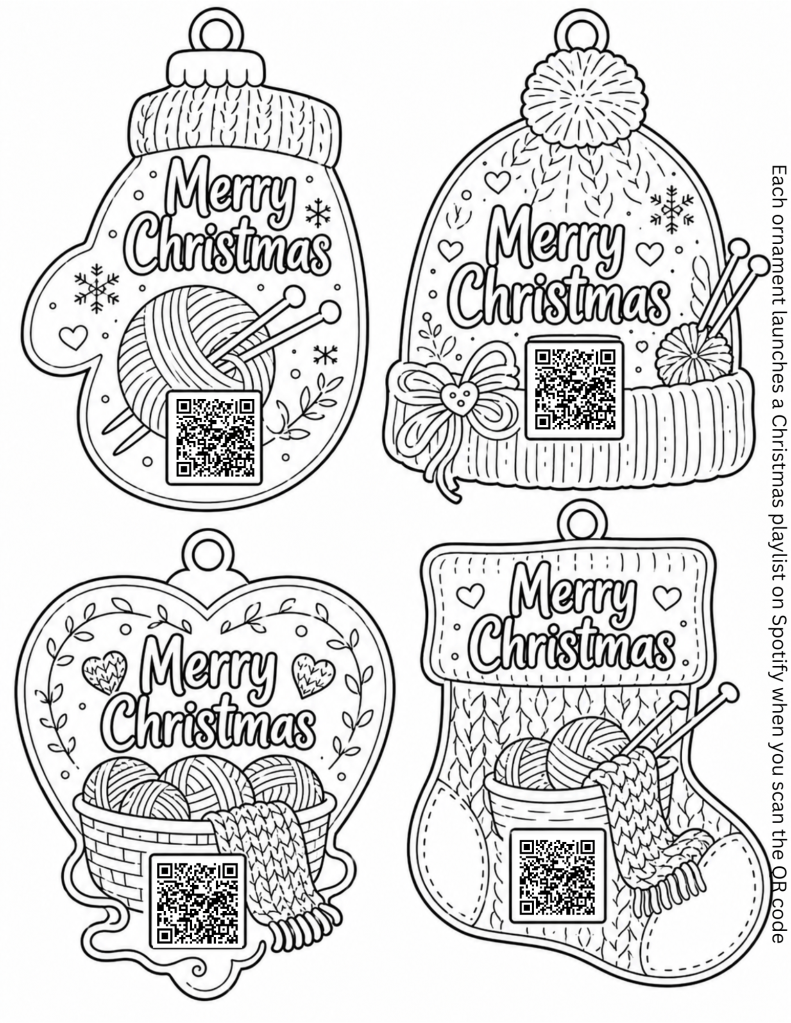 Knitting theme Christmas ornaments that you can color and hang on the tree