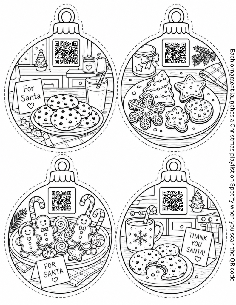 Leaving cookies and milk for Santa on Christmas Eve coloring sheet, DIY ornament activity