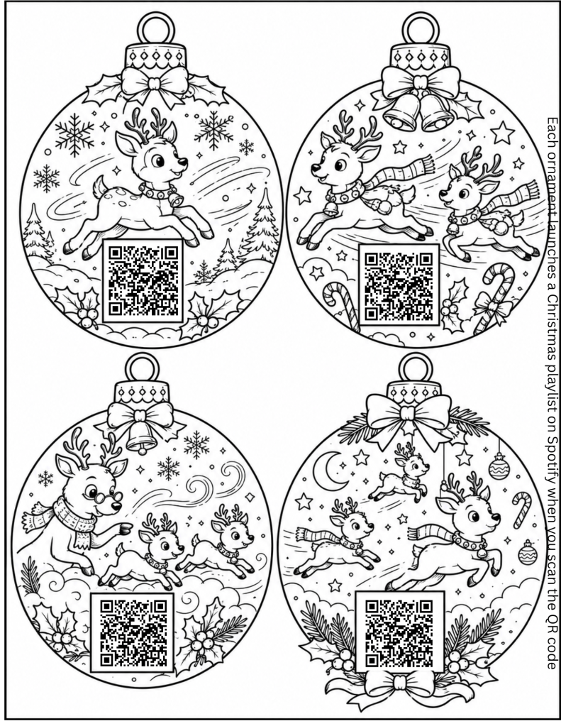 Santa's Reindeer learning to fly before Christmas Eve coloring sheet, DIY ornament craft