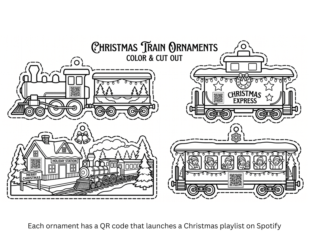 DIY Christmas ornaments coloring sheet train theme